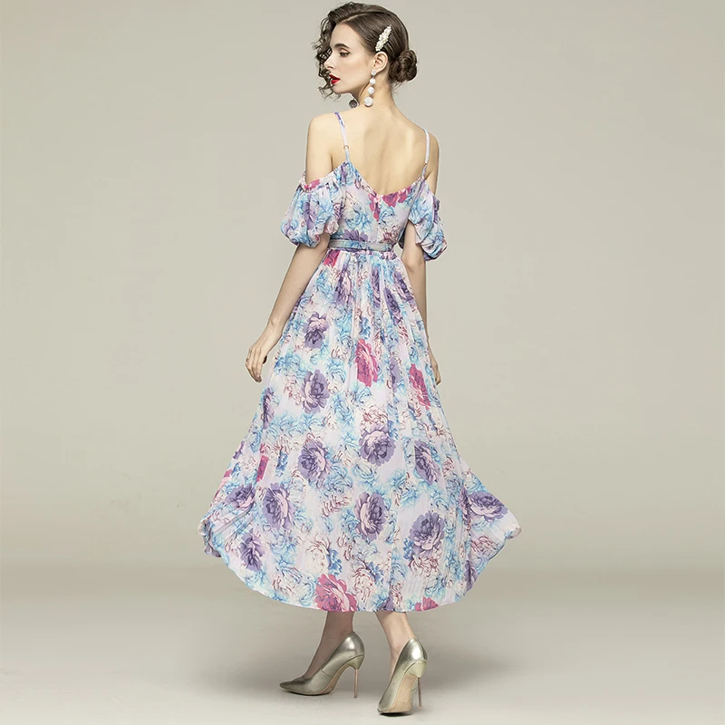 

Chiffon Beach Dress Women New Fashion Spring Summer Maxi Long Flared Belted Sling Dress Vestidos Jurken