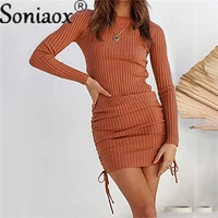 2021 new ribbed knitted drawstring women dress autumn sexy bodycon dress solid color long sleeve mini club party dress vestidos