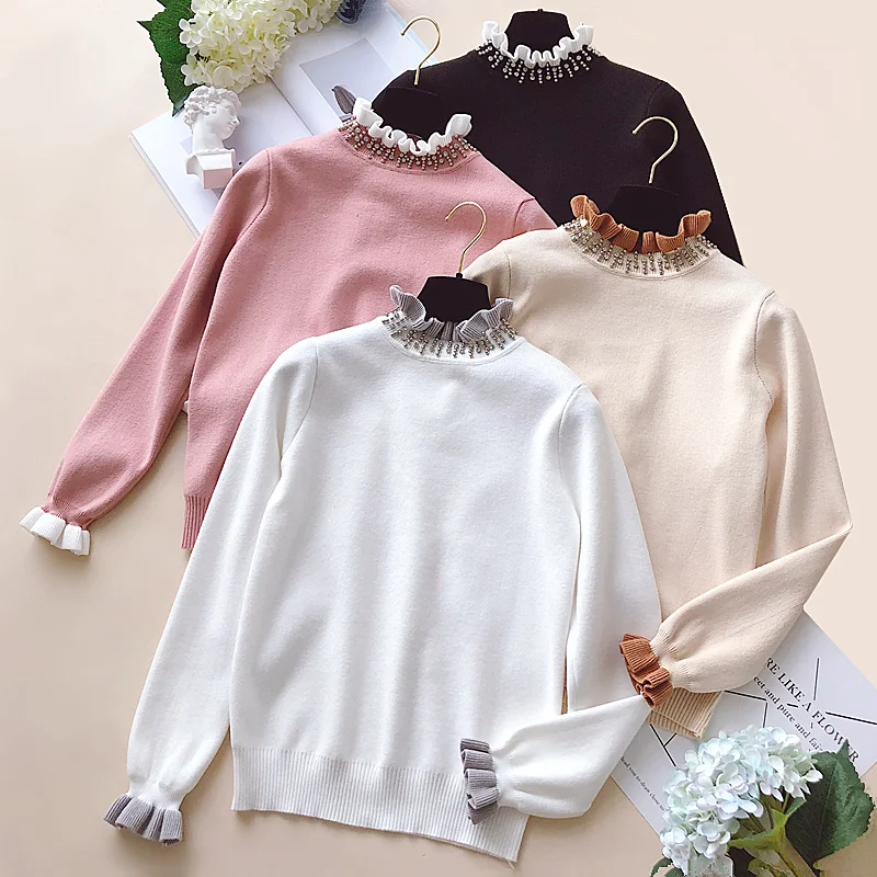 Корейский женский свитер Осень зима Kawaii бриллианты бисер воротник с оборками