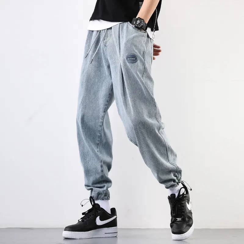Autumn Men's Jeans Ankle-Tied Fashion Baggy Jeans High Street Elastic Waist Capri Trendy Retro Distressed Jeans Hip Hop Pants