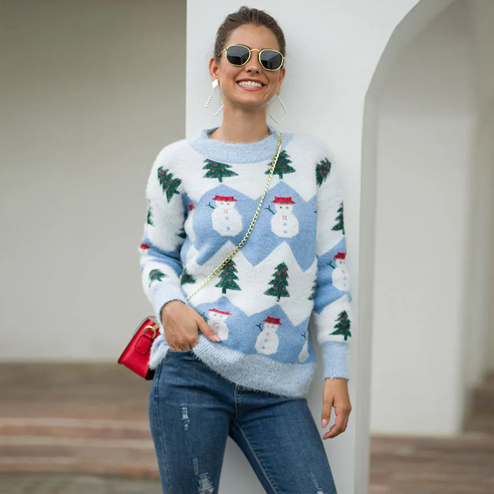 2019 autumn and winter new Christmas sweater tree snowman pullover Women's Plus Size Long Sleeve Causal Top | Женская одежда