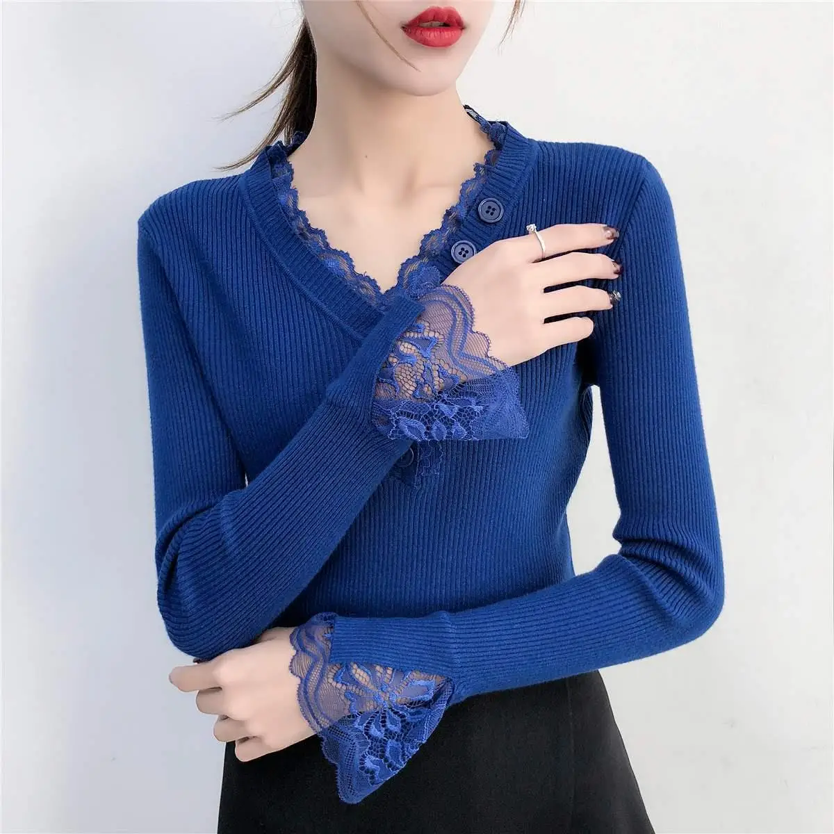 

2020 New Autumn Winter Women Casual Knitted V-Neck Sweater Jumper Female Fashion Lace Patchwork Slim Elasticity Pullovers X433