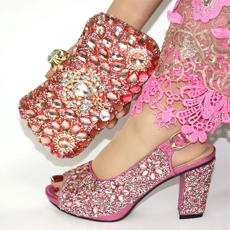 

New Arrival African Rhinestone Party Shoes And Bag Set Fashion Summer Style High Heels Shoes And Purse Set For Woman Wedding