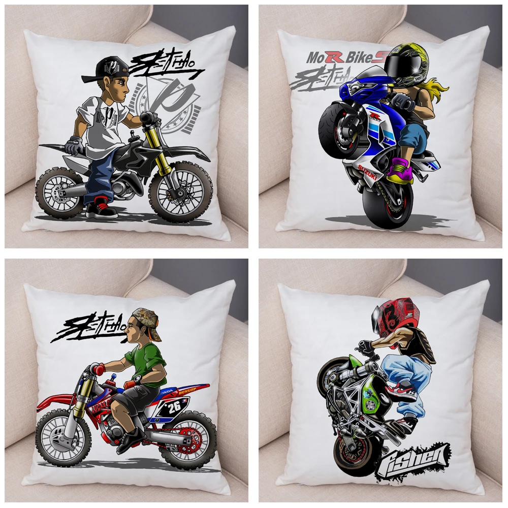 

Cushion Cover Cartoon Motorcycle Decor Extreme Sports Pillowcase Soft Plush Mobile Bike Pillow Case for Sofa Home Children Room