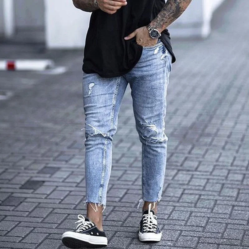 

SHZQ Casual Skinny Jeans Ankle Length Ripped Denim Pant Zipper Fly Men Clothing Cut Bottom Pencil Pant Light Blue Cowboys Street