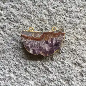 FUWO Wholesale Natural Amethysts Slice Pendant,Genuine Gold Electroplated Purple Crystal Quartz Jewelry For Women PD346 5Pieces