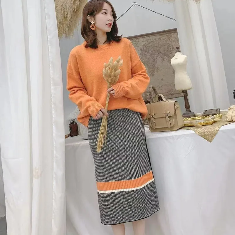 2019 для осени и зимы Вязанная Женский комплект 2 шт. с длинным рукавом пуловер