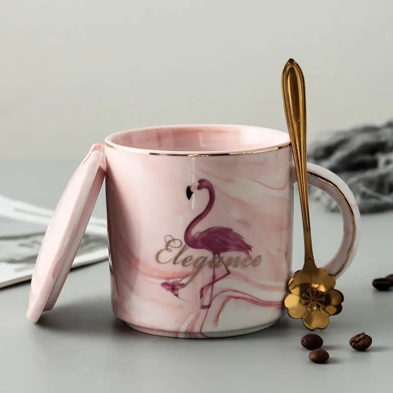 Креативные милые керамические кружки с рисунком Фламинго крышкой ложка чашка