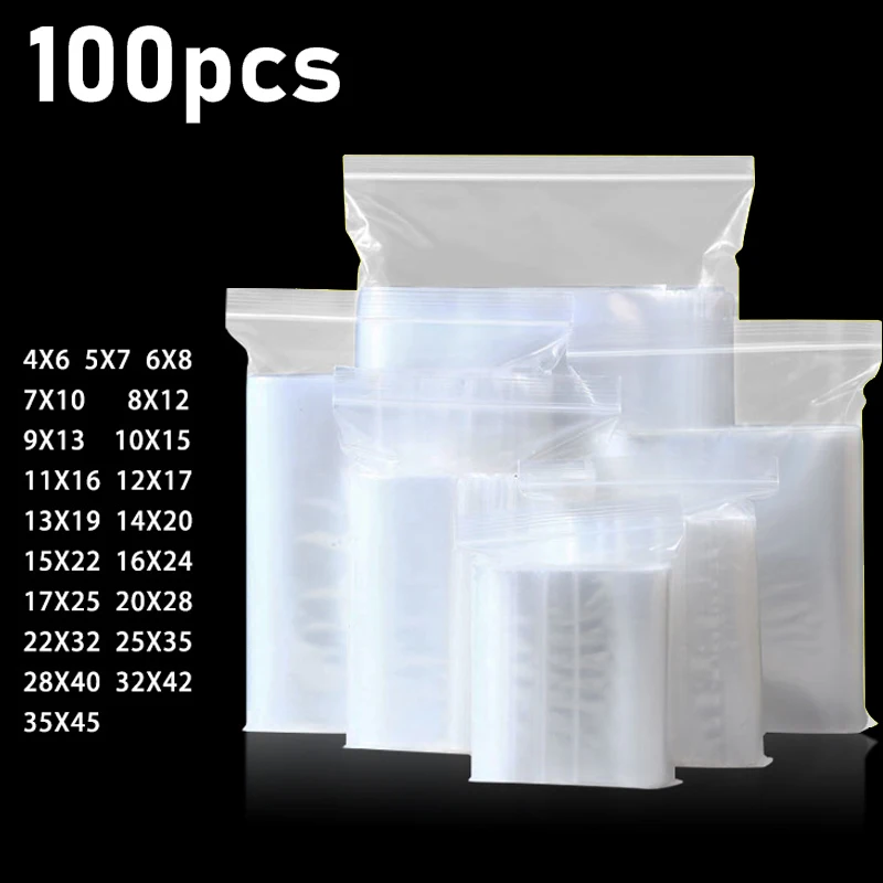 

100pcs PE Transparent Zip Lock Plastic Bags Storage Bag Plastic Jewelry/Food Spice Powder Kitchen Packag Pouch Clear Sealed Bag