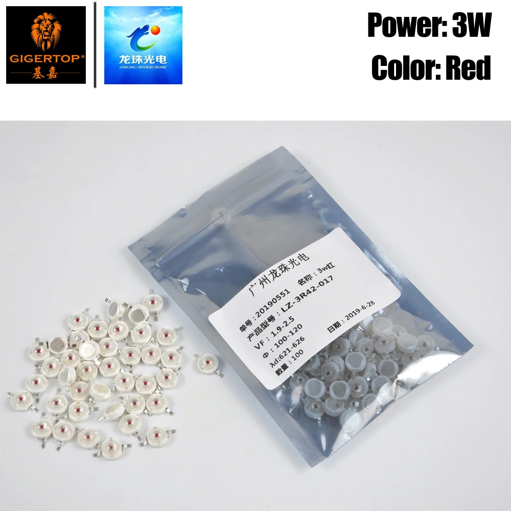 Бесплатная доставка 100 шт. настоящий 3 Вт Красный цвет светодиодные лампы TIPTOP