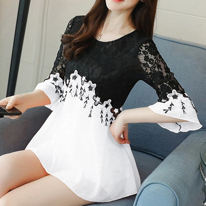 

Plus size chiffon camisa blusa mulheres flare sleeve oco out lace patchwork roupas feminino das mulheres blusas