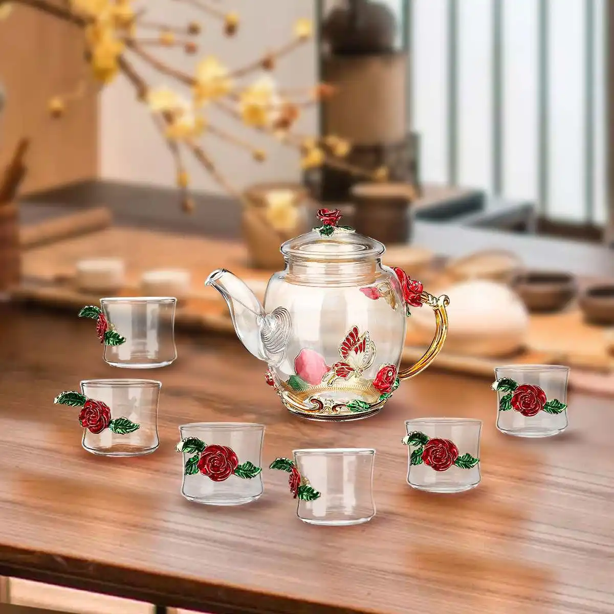 

Red Rose Enamel Crystal Glass Tea Set Teapot Cup Set Flower Tea Glass Cups for Hot and Cold Drinks Home Office Teaware Sets Gif