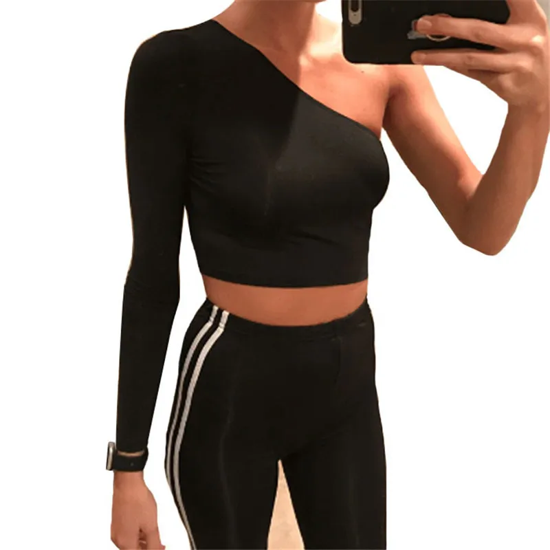 

2021 Women Slim Sexy T-Shirts Female One Shoulder Crop Tops Unique long Sleeve T-Shirt Bare Midriff Summer Beach Fashion Clothes
