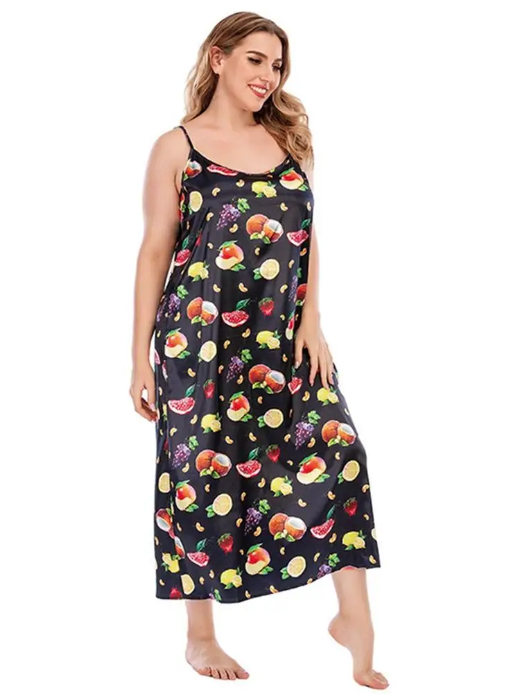 

Women Strapless Dress Spaghetti Strap Thin Black With Fruit Cute Sleep Wear Home Clothes Lingerie Oversized Sleepdress