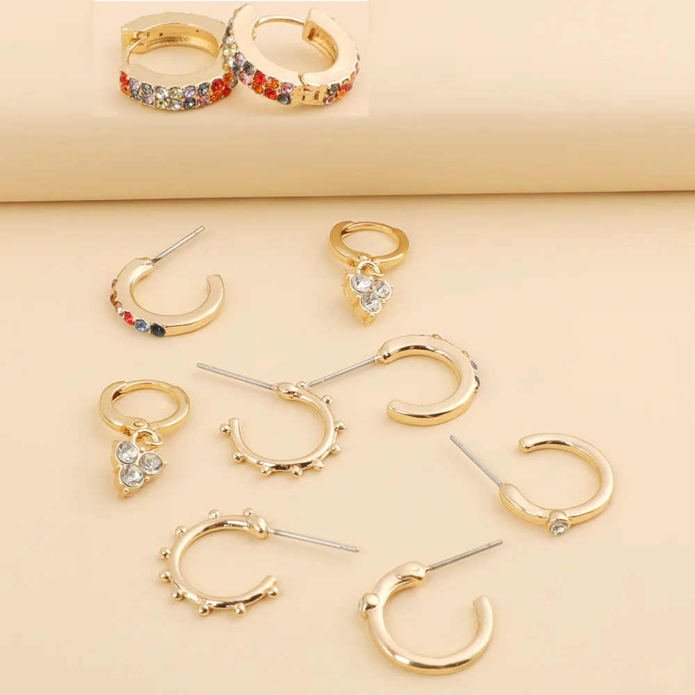 

5 Pair/set 2021 Rhinestone Hoop Earrings Set Gold Color Small Brincos Round Circle Earring for Women Fashion Jewelry