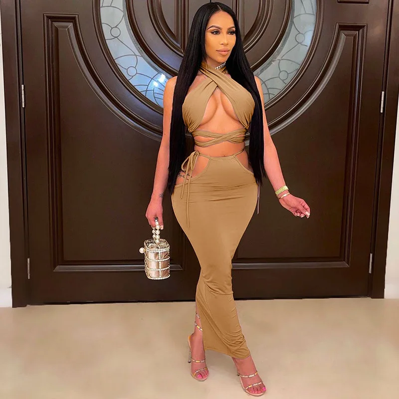 

Europe and the United States summer detonation products ladies pure color hang strapless neck bands skirts suits