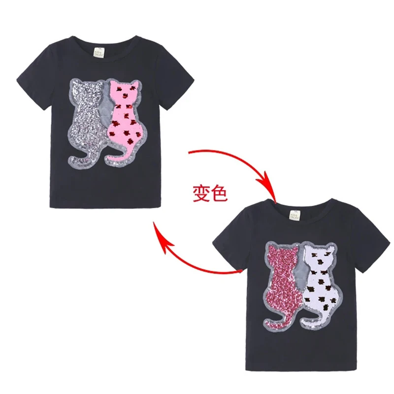 

Girls T-shirt Summer Girls Clothes New Sequined T-shirt Color Changing Cat T-shirt Children's Top