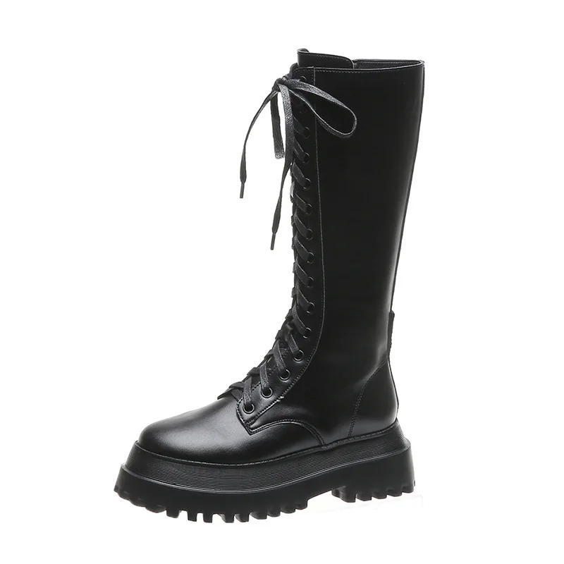 

Fashion Black PU Leather Platform Boots Women Autumn Thick Heels Knee High Booties Woman Lace Up Motorcycle Botas Female fc87