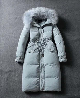 lightblue 2 Женская зимняя теплая Толстая куртка-пуховик с большим меховым воротником в винтажном стиле, большие размеры, длинное пуховое пальто, зимняя одежда, верхняя одежда, куртка, повседневная верхняя одежда - Цвет: lightblue 2