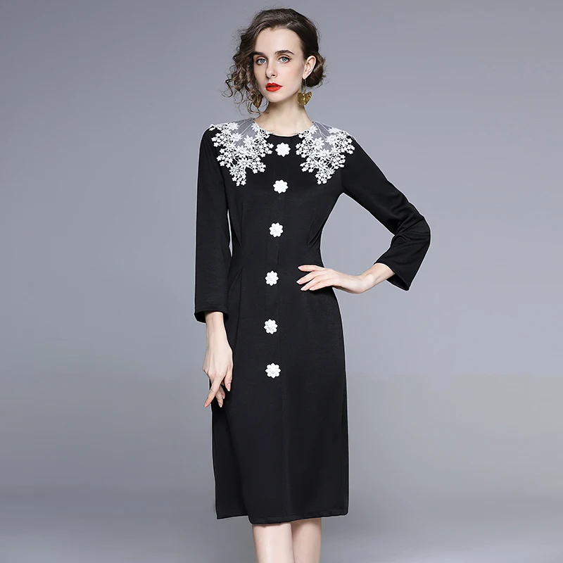 

Spring Designers Elegant Office Lady Pencil Dress Long Sleeve Woman Clothes Lace Collar Slim Straight Robe Femme Party Vestidos