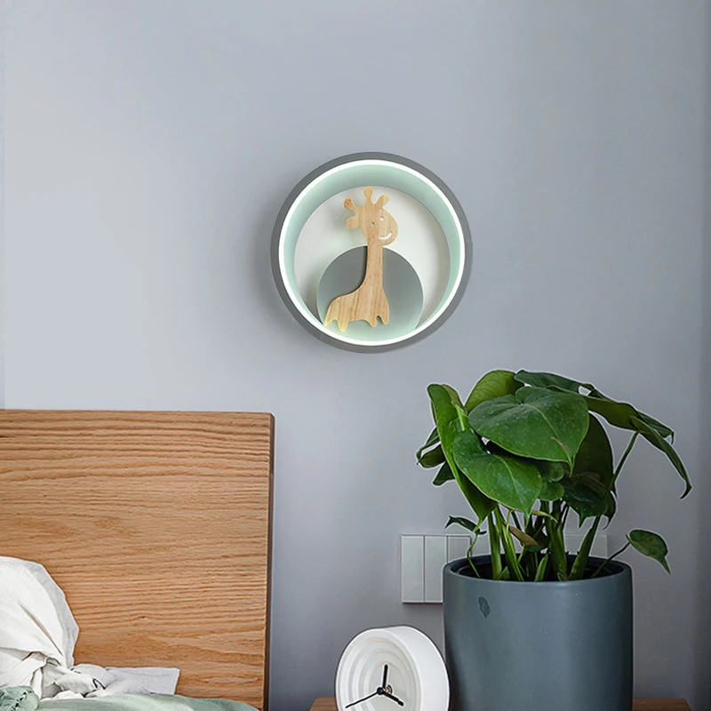 

Modern Led Giraffe Wall Lamp Nordic Deer Wall Light Decor Black Gray Wooden Round Ring Wall Lights for Bedroom Kitchen Indoor