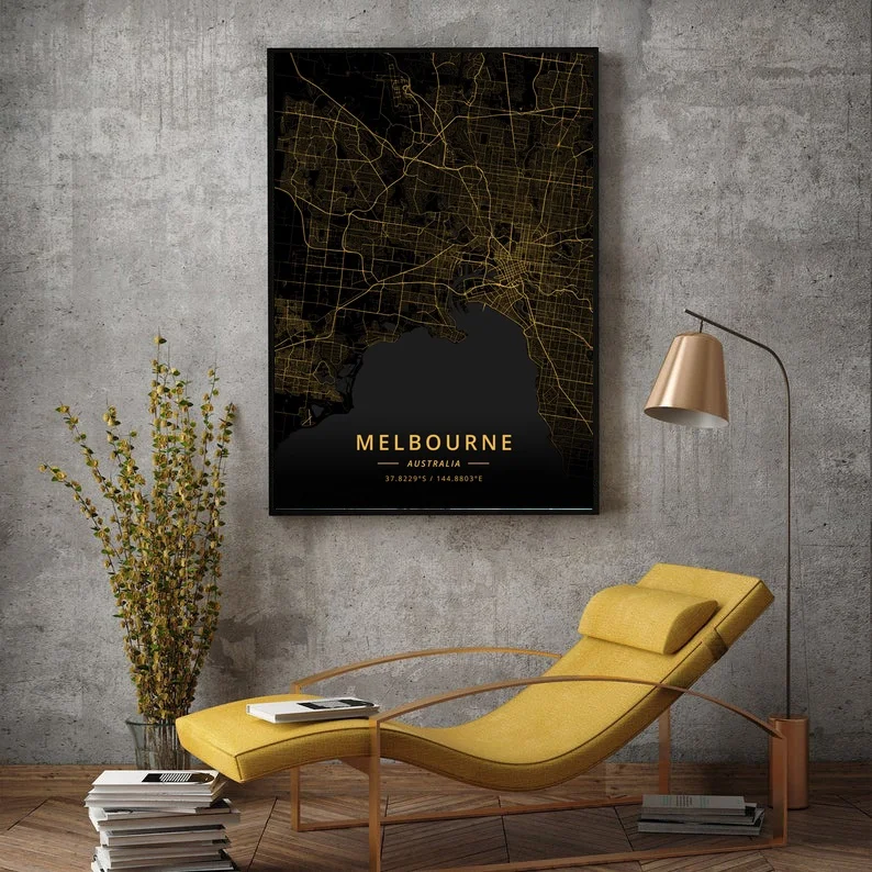 Черно-Золотая карта Мельбурна печатный плакат холст | Карта Австралии Дом и сад
