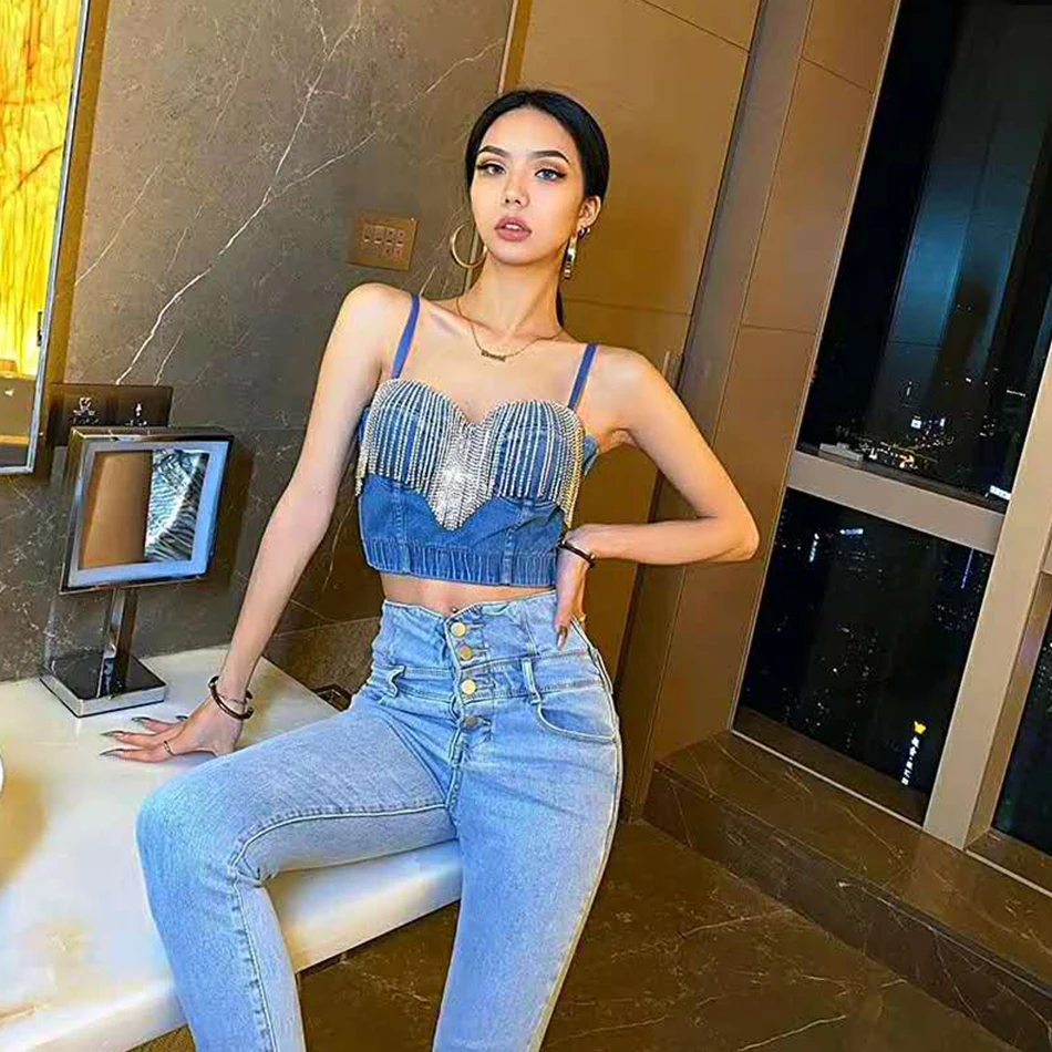 Miss Water 2020 New Summer Women Denim Tops Sexy Tassel Spaghetti Strap Sleeveless Top Hot Club Celebrity Party Tops Vestidos