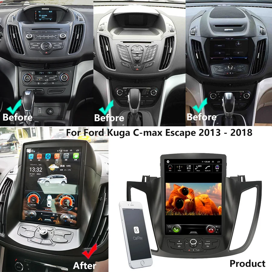 Автомобильное радио с экраном 10 4 дюйма Тесла для Ford Kuga C-max Escape 2013-2015-2018 Android 11