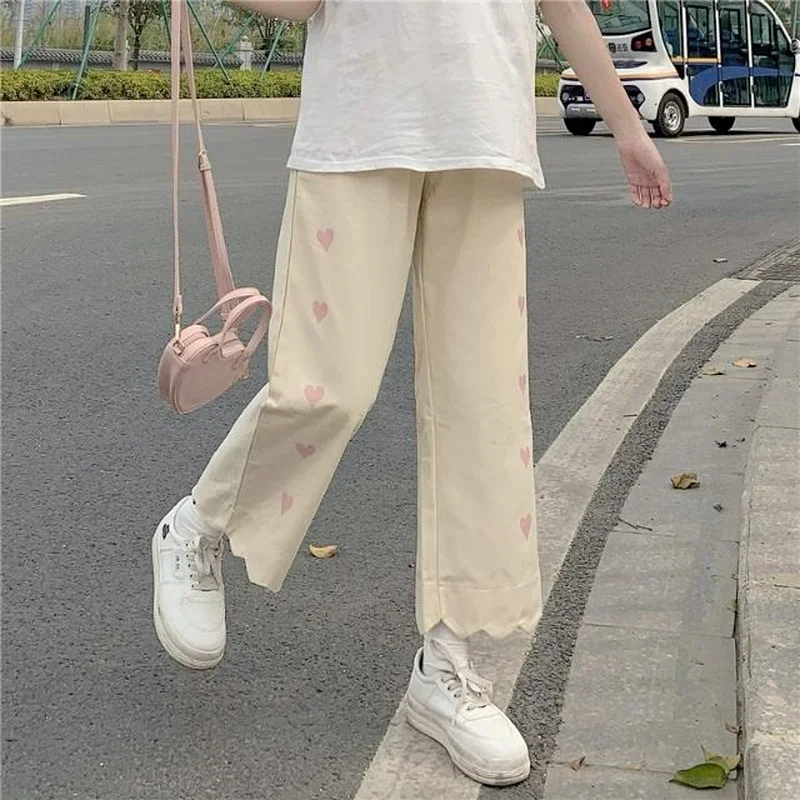 

Casual Pants Women Heart-print Sweet Loose Pattern Kawaii Wide Leg All-match Pink Autumn Streetwear for Girls Sweet Ankle-length