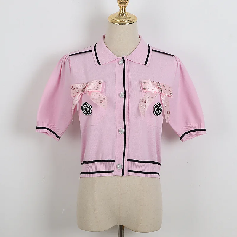 

Роскошные брендовые дизайнерские вязаные пуловеры для женщин винтажный воротник поло с бисером бант жемчуг, камелии пуговицы вязаный свит...