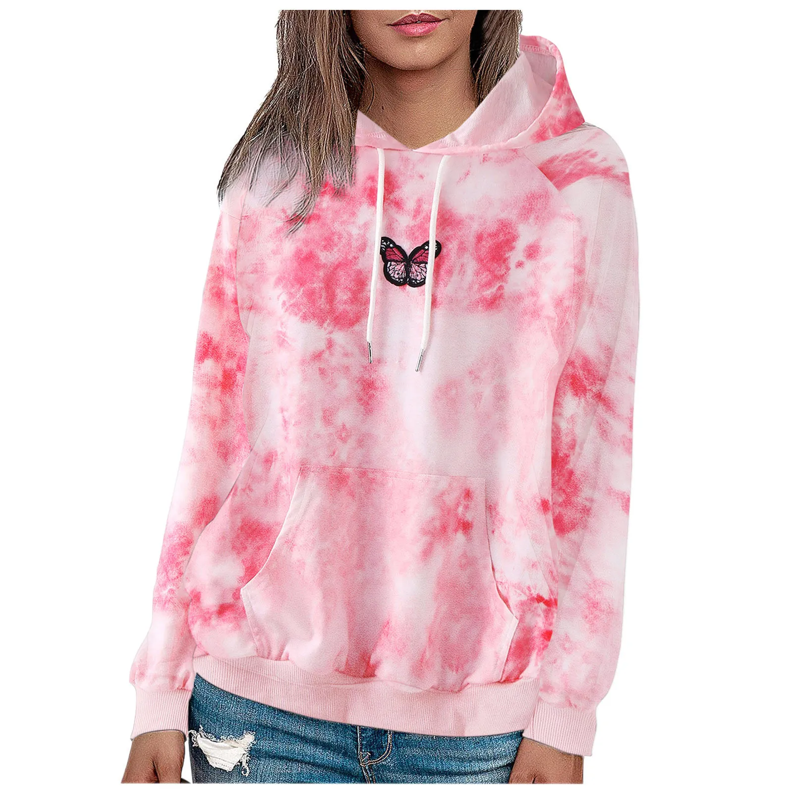 

Women's Sweatshirt Female Sweatshirt Women's Casual Tie-dye Butterfly Printing Long Sleeve Blouse Hooded Sweater mujeres 2021