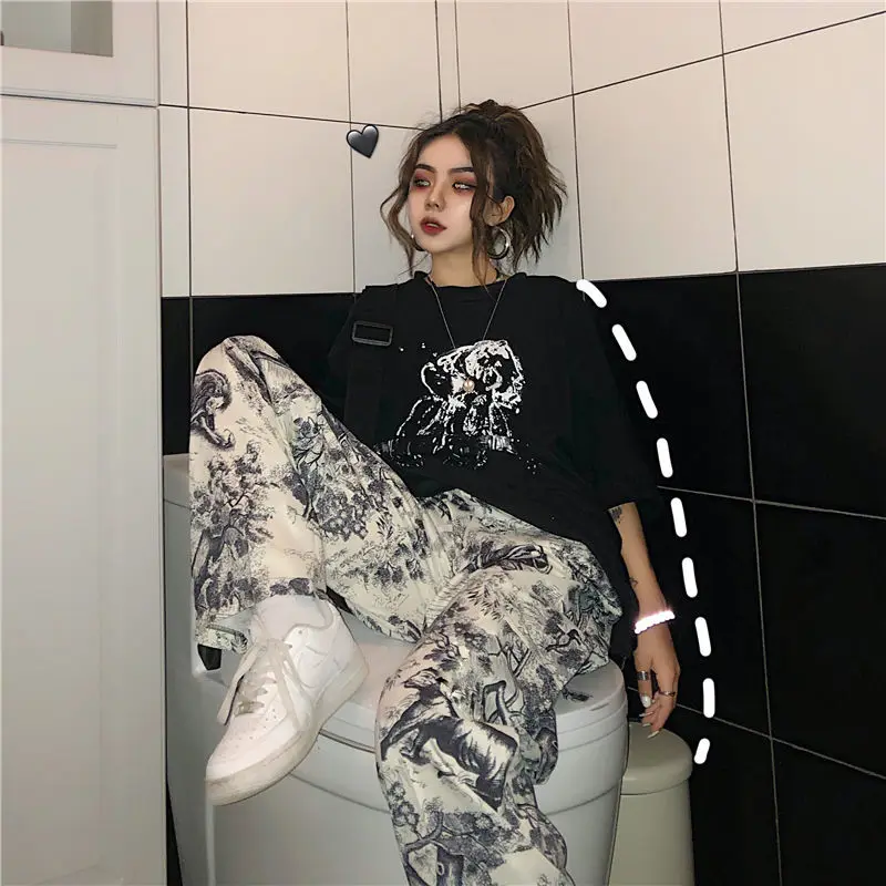 

Cool Punk Pants Women Casual Joggers High Waist Loose Female Hip Hop Trousers Korean Punk Pants Funny Capri Streetwear Women