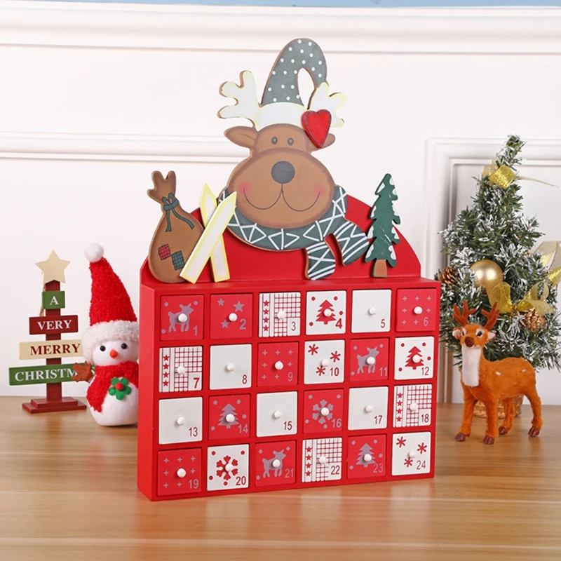 

24 Day Advent Calendar Countdown to Christmas Wooden Elk with Drawers for Kids Adults Home Table Decoration