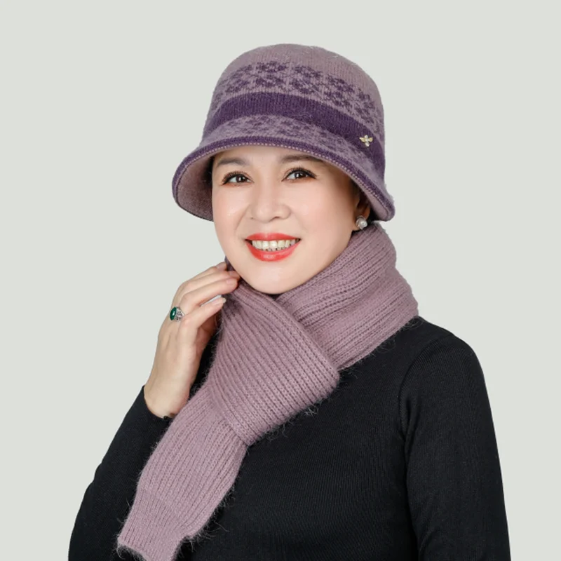 Winter Mom Hat and Scarf Set for Women Rabbit Fur Scarves Knitted Bucket Hats Grandma Gift | Аксессуары для одежды