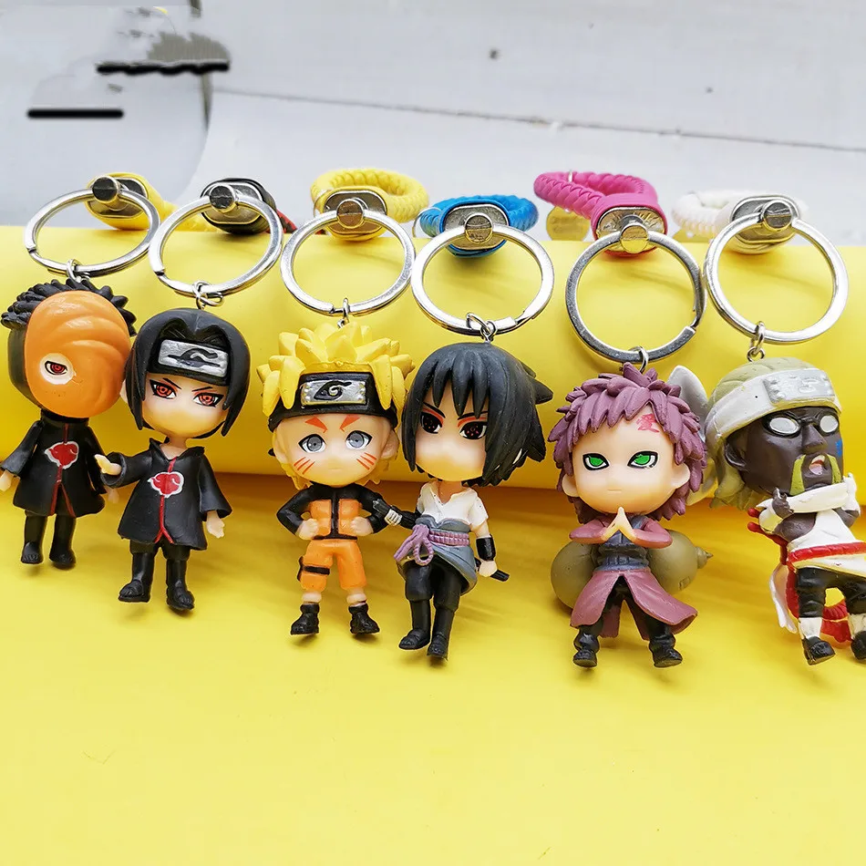 

Naruto Hand-Made Key Ring Haruno Sakura Bag Pendant Kakashi Doll Key Chain Sasuke Doll Color Leather Cord Key Chains 6 Set