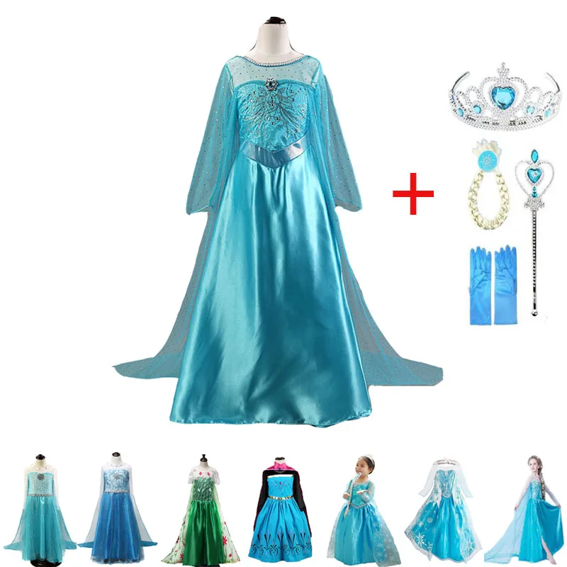 Girls Princess Elsa Dress Snow Queen Elza Costumes Anna Cosplay Dresses for Kids Halloween Party Vestidos Accessories Set | Детская