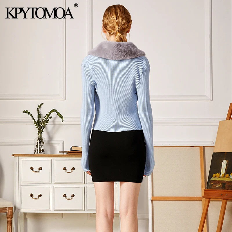 KPYTOMOA женский модный вязаный кардиган с пэчворком из искусственного меха
