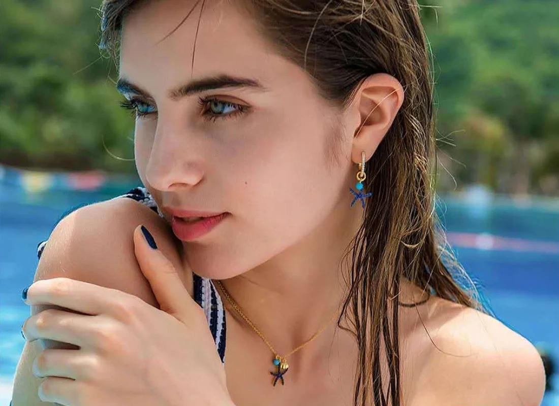 

High Quality 925 Sterling Silver Cute Starfish Earrings Micro Cubic Zirconia Blue White Stones Women Luxury Brand Jewelry