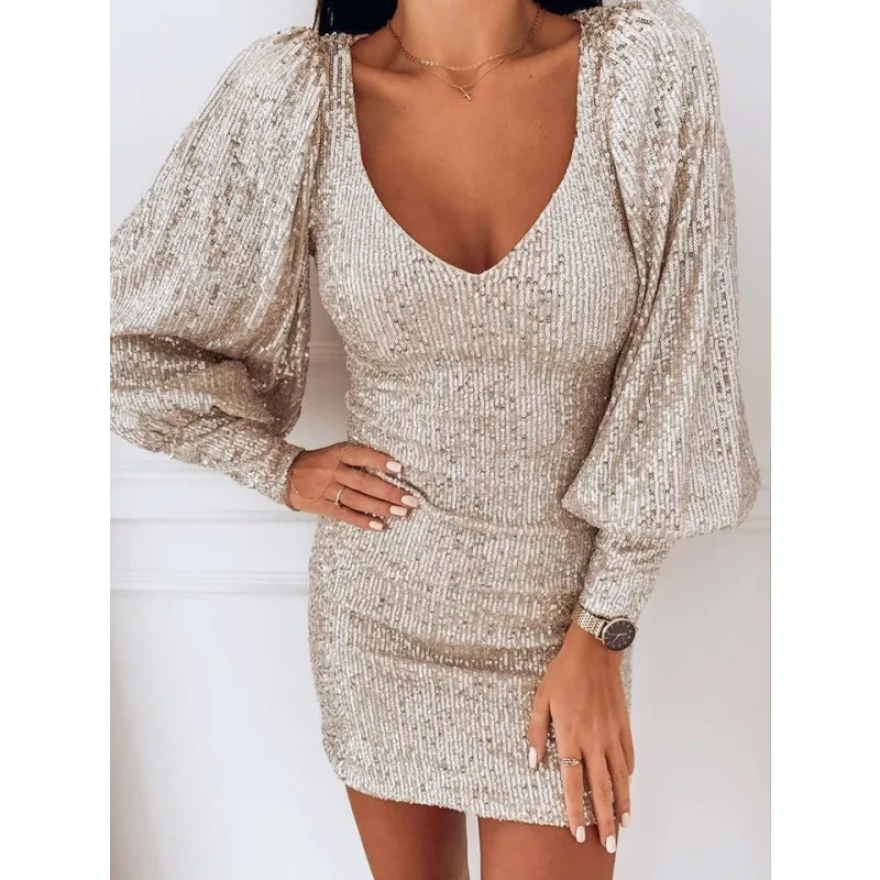 

WEPBEL Women Dress Sexy Fashion Bright Silk Full Length Sleeves V Neck Mini Dress For Women