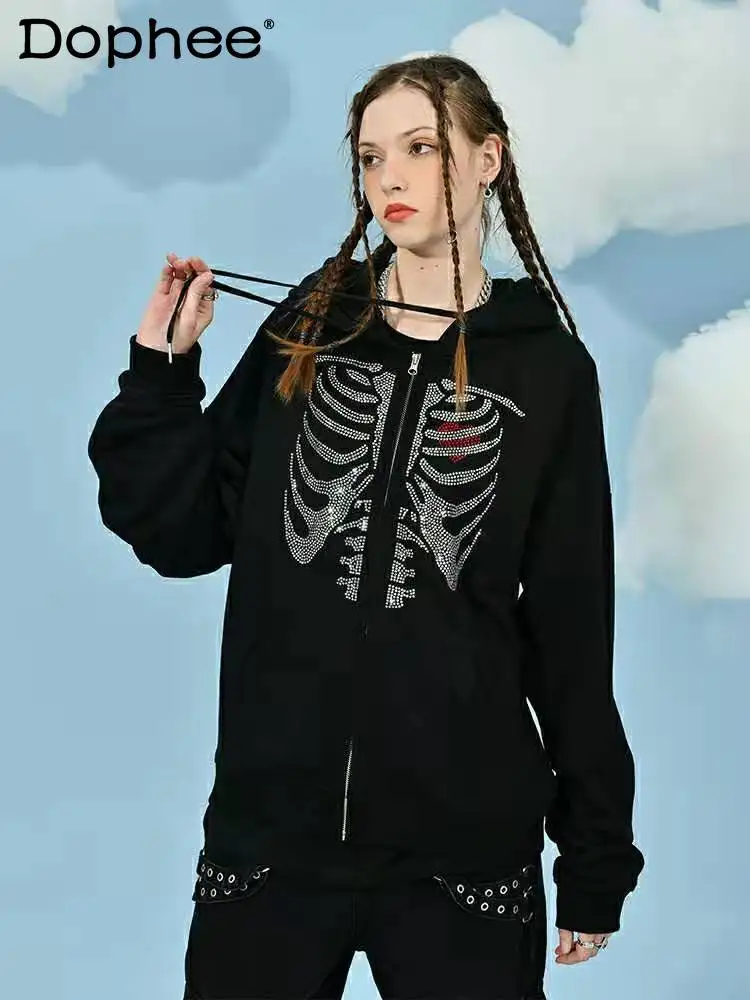 

Love and Skeleton Rhinestone Pattern Hooded Cardigan Coats Female Threaded Long Sleeve Sweatshirt 2021 Autumn Women's Clothing