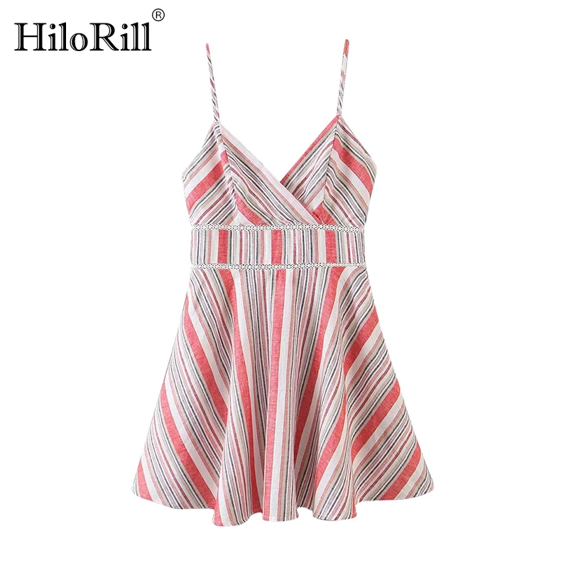 

HiloRill A Line Striped Dress Women Lace Patchwork Spaghetti Strap Party Dress Sexy Sleeveless Backless Casual Mini Dresses