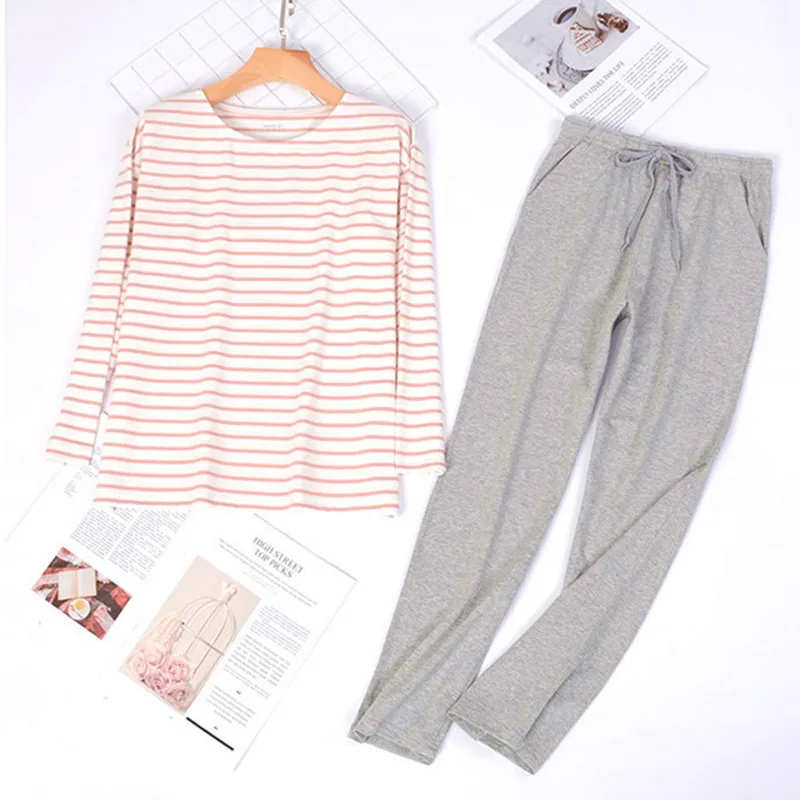 

Autumn Winter Breathable Pajamas For Women Korean Striped Cotton Nightwear Pijamas Set Loose Ladies Home Wear Pyjamas 3XL 2XL