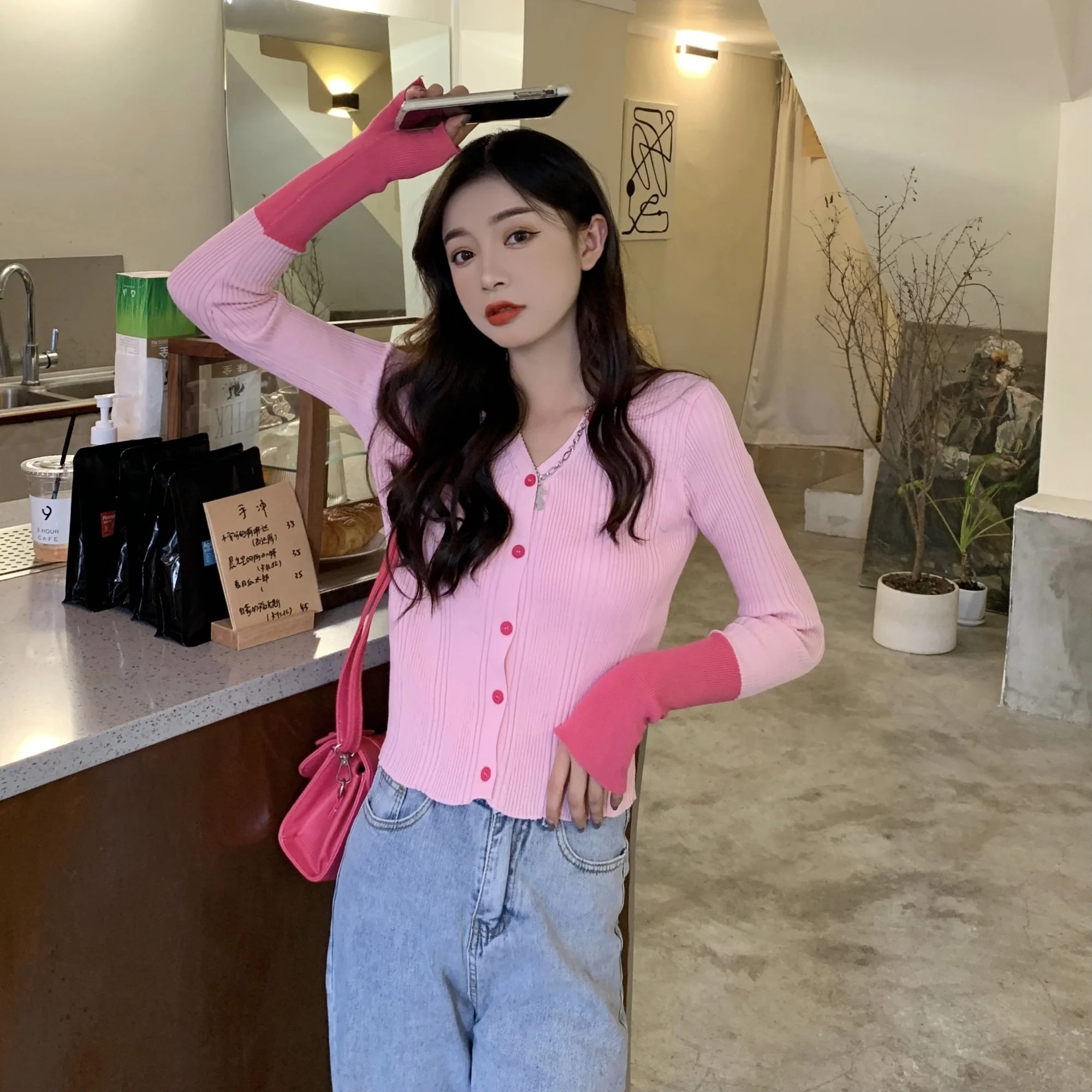 Женский свитер Кардиган с длинным рукавом и V-образным вырезом |