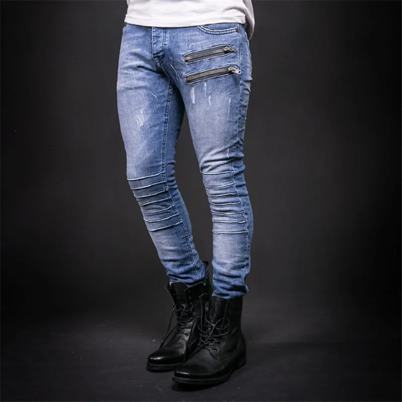 Модные мужские рваные обтягивающие джинсы на молнии Стрейчевые облегающие брюки