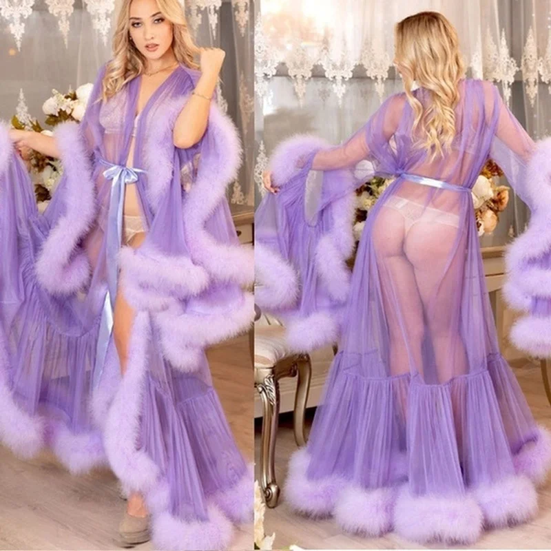 

WEPBEL Women's Robe Tulle Dress Medieval Vintage Translucent Bridal Gown Feather Wedding Dress Furry Fringe Fairy Down Jacket