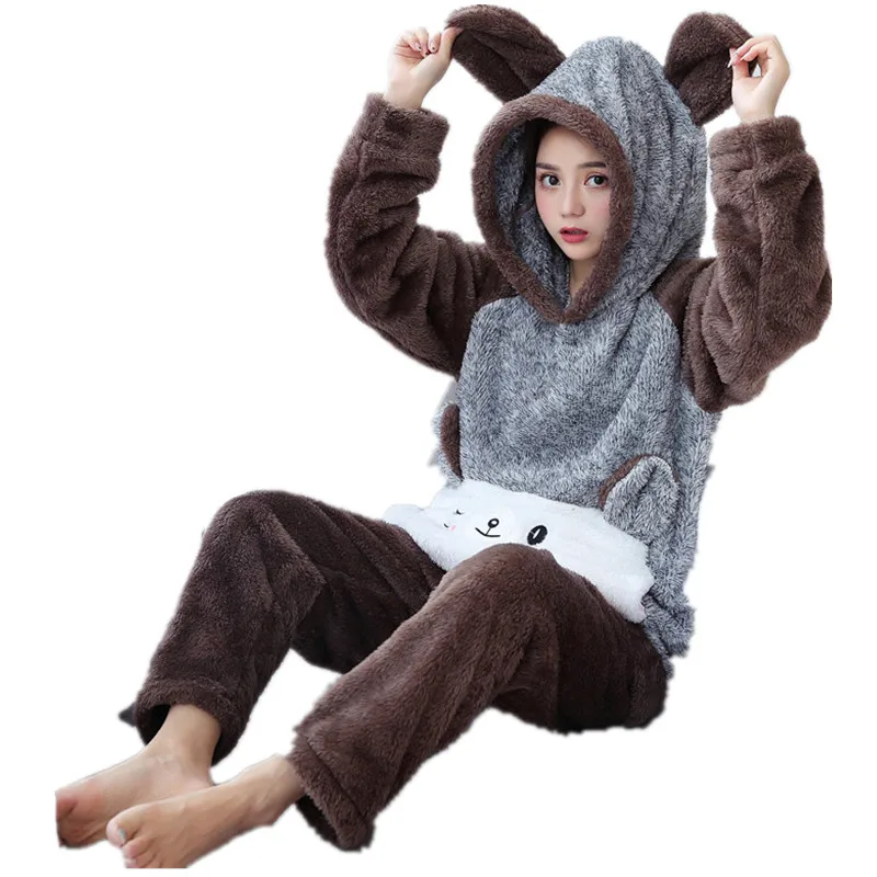 

Cute Bear Pajamas Winter Keep Warm Pijamas Coral Fleece Sleepwear Set Plush Thick Women's Pyjamas Large Size Home Clothes M-XXL