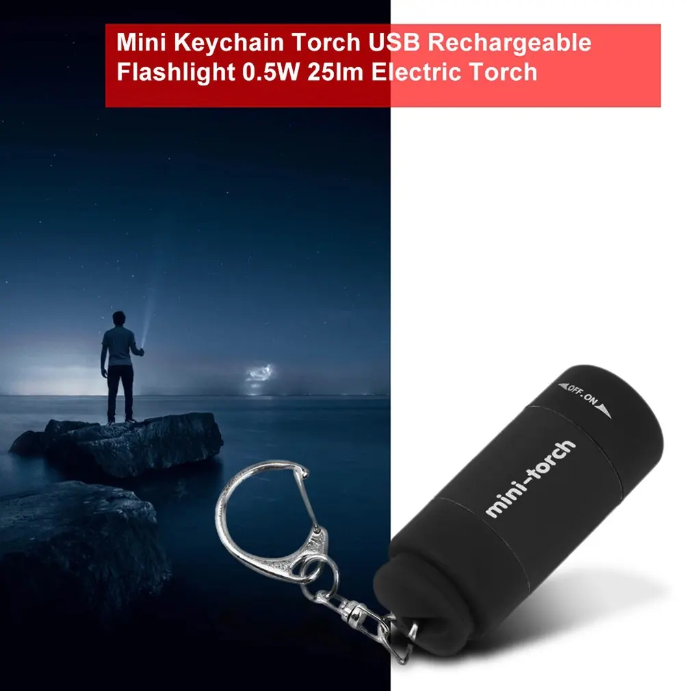 

Портативный мини-фонарик с брелком, перезаряжаемый от USB фонарик 0,5 Вт 25 лм, Электрический водонепроницаемый фонарик, компактный уличный фон...