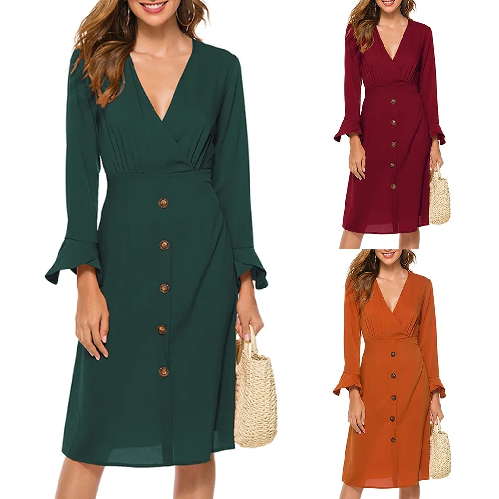 Платье женское осенне зимнее однотонное с V образным вырезом и длинными