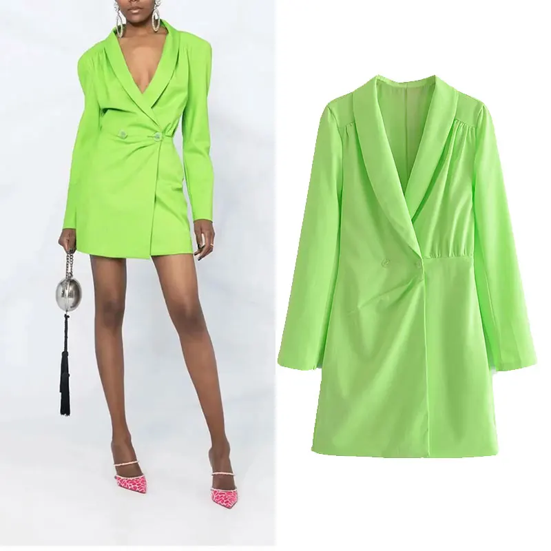 

PPYQYKX ZA 2021 женское летнее модное ФЛУОРЕСЦЕНТНОЕ зеленое мини-платье, сексуальное шикарное платье на одной пуговице с длинным рукавом, повсед...