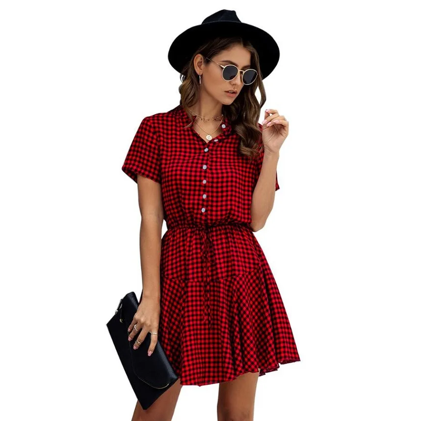 Женское клетчатое платье повседневное летнее ТРАПЕЦИЕВИДНОЕ платье-рубашка